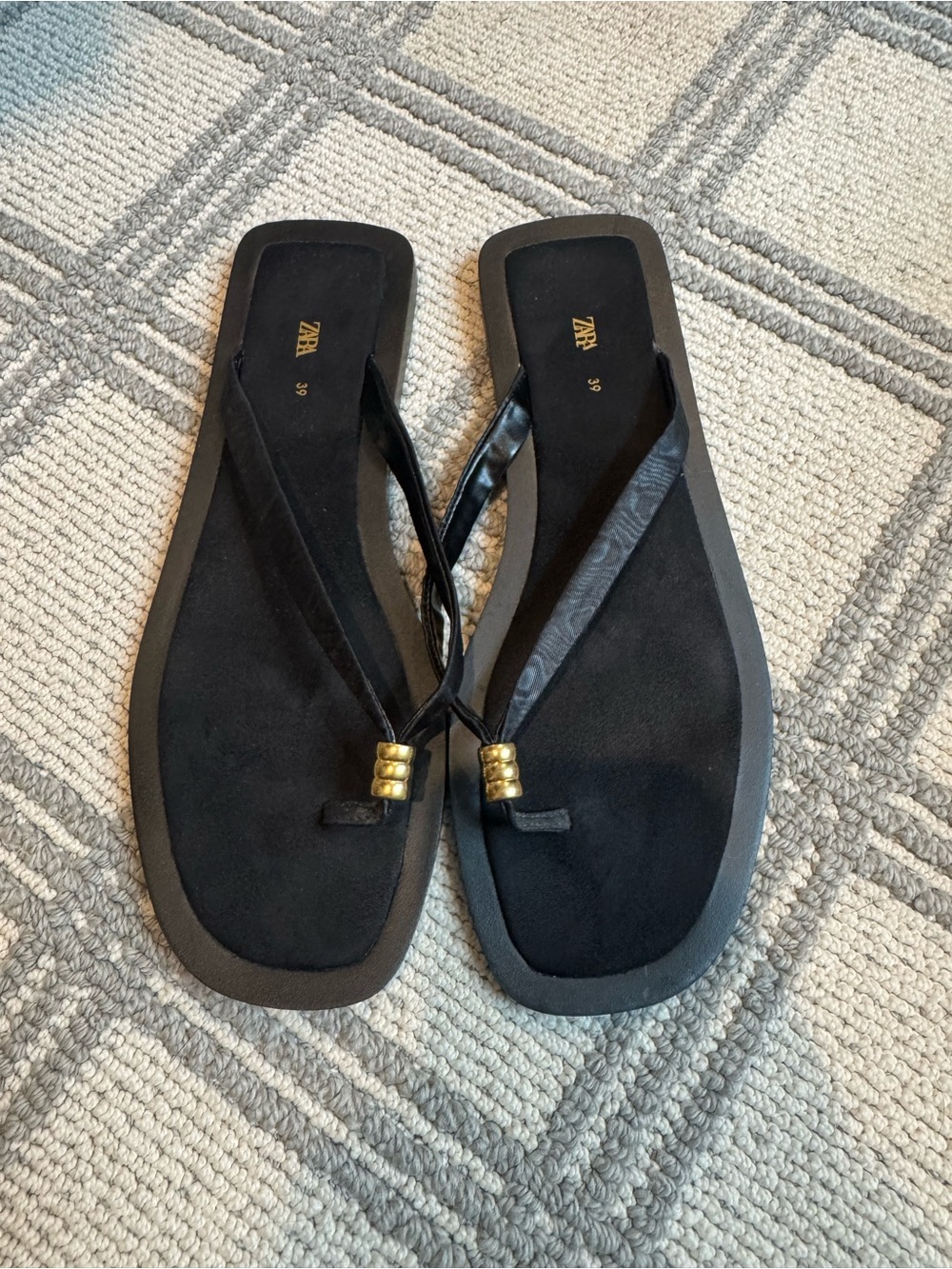 Zara Black Square-Toe Flip Sandals with Gold Bead Accent